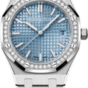 Audemars Piguet Royal Oak 34mm Stainless Steel Light Blue Dial Diamond Bezel Watch | 77451ST.ZZ.1361ST.03