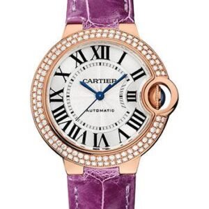 Cartier Ballon Bleu de Cartier Watch - 33 mm Rose Gold Diamond Case - Opaline Dial - Purple Alligator Strap - WJBB0051
