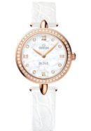 Omega De Ville Prestige Quartz Dewdrop Watch - 27.4 mm Red Gold Case - Radiant Diamond Paved Bezel - Mother-Of-Pearl Dial - White Leather Strap - 424.58.27.60.55.002