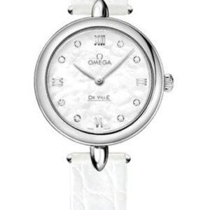 Omega De Ville Prestige Quartz Dewdrop Watch - 27.4 mm Steel Case - Mother-Of-Pearl Dial - Leather Strap - 424.13.27.60.55.001