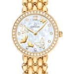 Omega De Ville Prestige Quartz Dewdrop Watch - 27.4 mm Yellow Gold Case - Delicate Diamond-Set Bezel - Red Gold Dial - 424.55.27.60.55.005