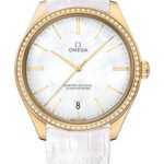 Omega De Ville Tresor Omega Master Co-Axial Watch - 40 mm Yellow Gold Case - Diamond Bezel - White Dial - White Leather Strap - 432.58.40.21.05.002