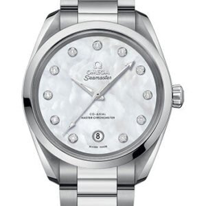Omega Seamaster Aqua Terra 150M Co-Axial Master Chronometer Ladies Watch - 38 mm Steel Case - White Mother-Of-Pearl Diamond Dial - 220.10.38.20.55.001