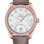 Omega Seamaster Aqua Terra 150M Co-Axial Master Chronometer Ladies Watch - 38 mm Sedna Gold Case - White Mother-Of-Pearl Diamond Dial - Taupe-Brown Leather Strap -...