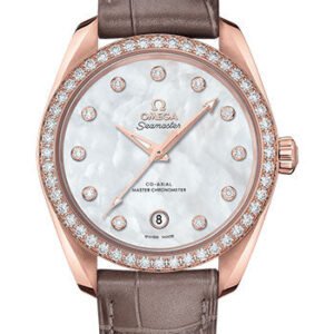 Omega Seamaster Aqua Terra 150M Co-Axial Master Chronometer Ladies Watch - 38 mm Sedna Gold Case - White Mother-Of-Pearl Diamond Dial - Taupe-Brown Leather Strap -...