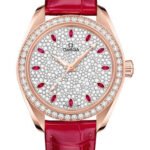 Omega Seamaster Aqua Terra 150M Co-Axial Master Chronometer Watch - 34 mm Sedna Gold Case - Diamond-Set Bezel - Radiant Diamond Dial - Glossy Red Leather Strap -...