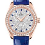 Omega Seamaster Aqua Terra 150M Co-Axial Master Chronometer Watch - 34 mm Sedna Gold Case - Diamond-Set Bezel - Radiant Diamond Dial - Glossy Blue Leather Strap -...