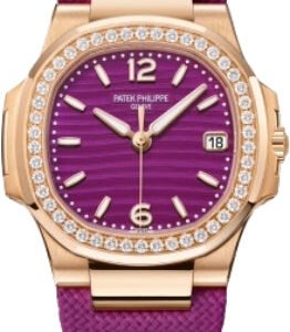 Patek Philippe Nautilus Date Sweep Seconds Quartz Rose Gold/Diamonds Lacquered Purple Dial Fabric Strap | 7010R-013