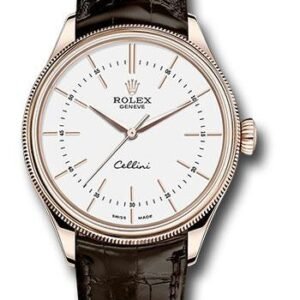 Rolex Cellini Time Watch - Everose Gold - White Dial - Brown Leather Strap - 50505 wbr