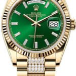 Rolex Day-Date 36 36mm Bright Green Diamond-Set Dial Fluted Bezel with Diamond-Set President Bracelet - 128238 | 2024 Model
