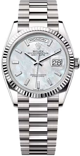 Rolex Day-Date 36 36mm White MOP Diamond-Set Dial Fluted Bezel President Bracelet - 128239 | 2024 Model