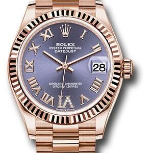 Rolex Everose Gold Datejust 31 Watch - Fluted Bezel - Aubergine Diamond Six Dial - President Bracelet - 278275 aubdr6p