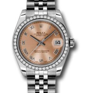 Rolex Steel and White Gold Datejust 31 Watch - 46 Diamond Bezel - Pink Roman Dial - Jubilee Bracelet - 178384 prj