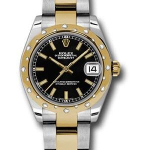 Rolex Steel and Yellow Gold Datejust 31 Watch - 24 Diamond Bezel - Black Index Dial - Oyster Bracelet - 178343 bkio