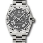 Rolex White Gold Datejust 31 Watch - Fluted Bezel - Dark Rhodium Floral Motif Dial - President Bracelet - 178279 rfp