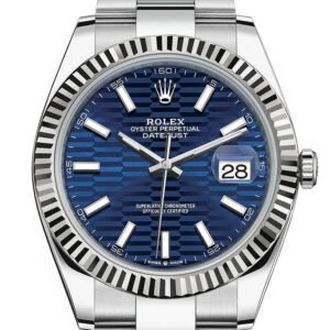 Rolex White Rolesor Datejust 41 Watch - Fluted Bezel - Bright Blue Fluted Motif Index Dial - Oyster Bracelet - 126334 blflmio