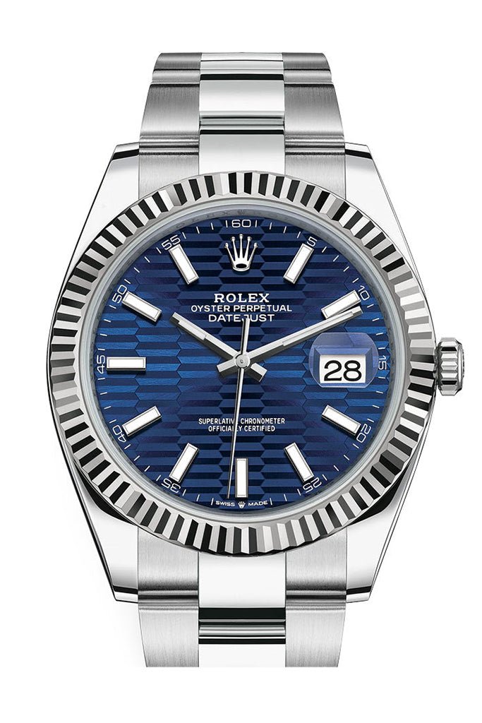 Rolex White Rolesor Datejust 41 Watch - Fluted Bezel - Bright Blue Fluted Motif Index Dial - Oyster Bracelet - 126334 blflmio